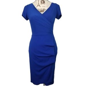 Nicole Bakti Faux Wrap Blue Ruched Designer Dress
